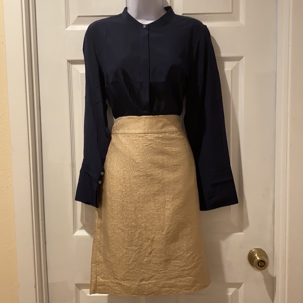 J. Crew Frosted Jacquard Silk Pencil Skirt in Gold Glitter size 4 20112 - Picture 2 of 16